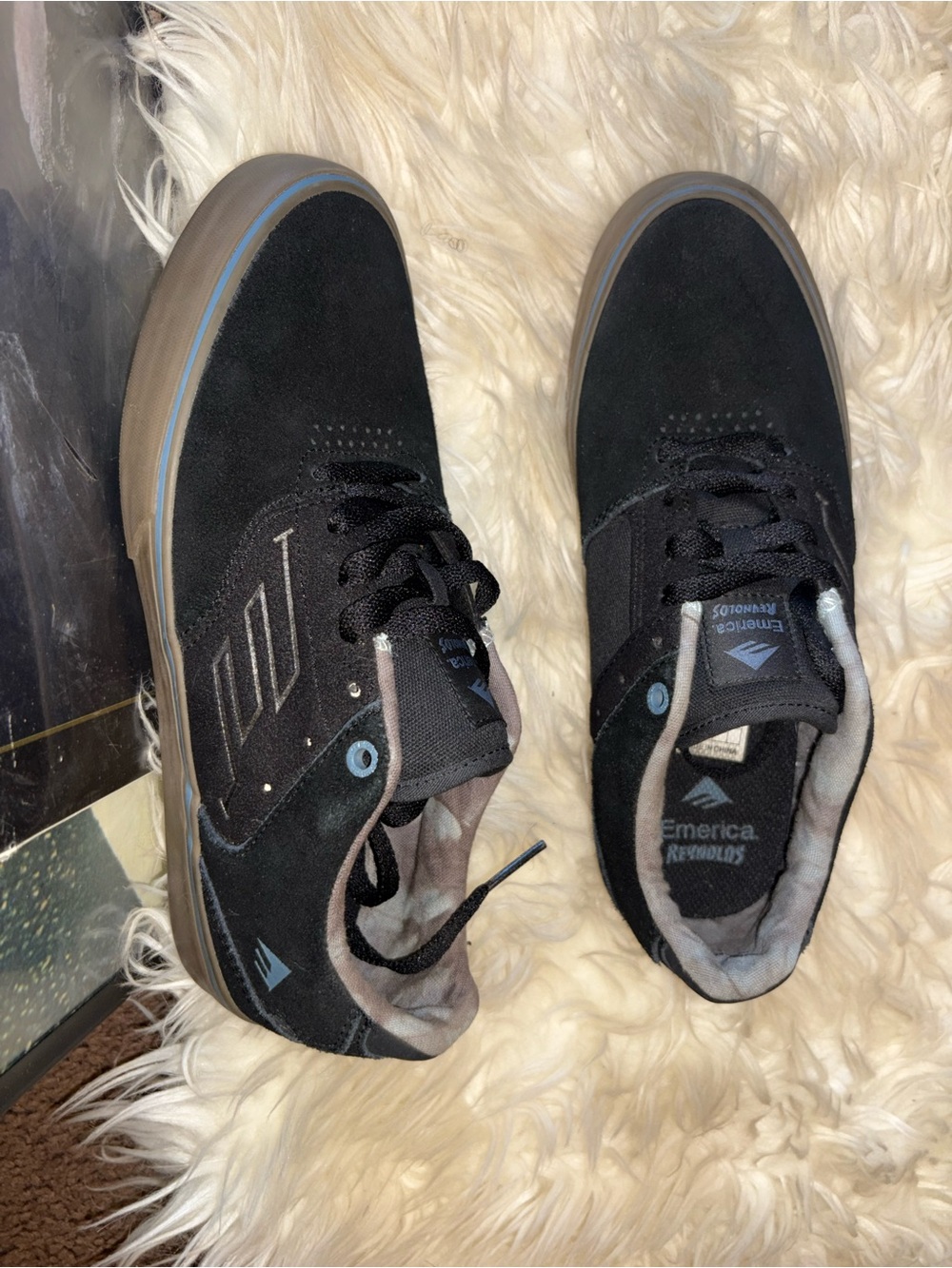 Emerica Black Suede Skate Sneakers with Gum Outsole and Blue Trim